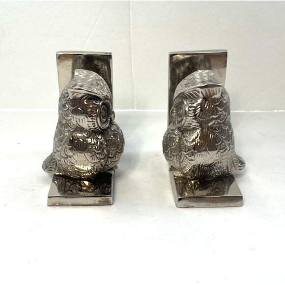 Silver Metal Owl Bookends Library Shelf Decor 4.75" Wide Base Elegant Design - Picture 6 of 7